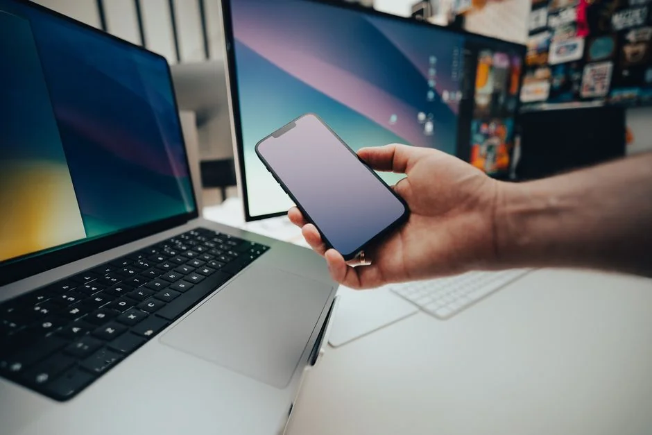 Vector icons with modern phone near computer monitor and credit card with gray lines on purple background